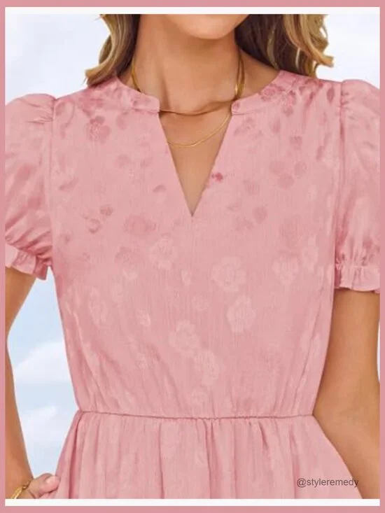 Polyester Floral Textured Midi Dress with Puff Sleeves and V-Neck - Picture 5 of 7